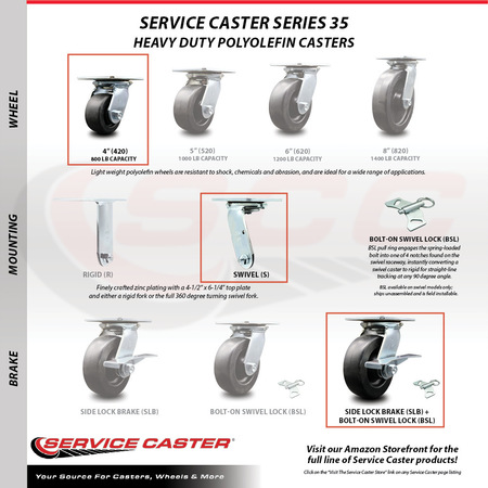 Service Caster 4 Inch Polyolefin Caster Set with Ball Bearing and Brakes/Swivel Locks SCC SCC-35S420-POB-SLB-BSL-4